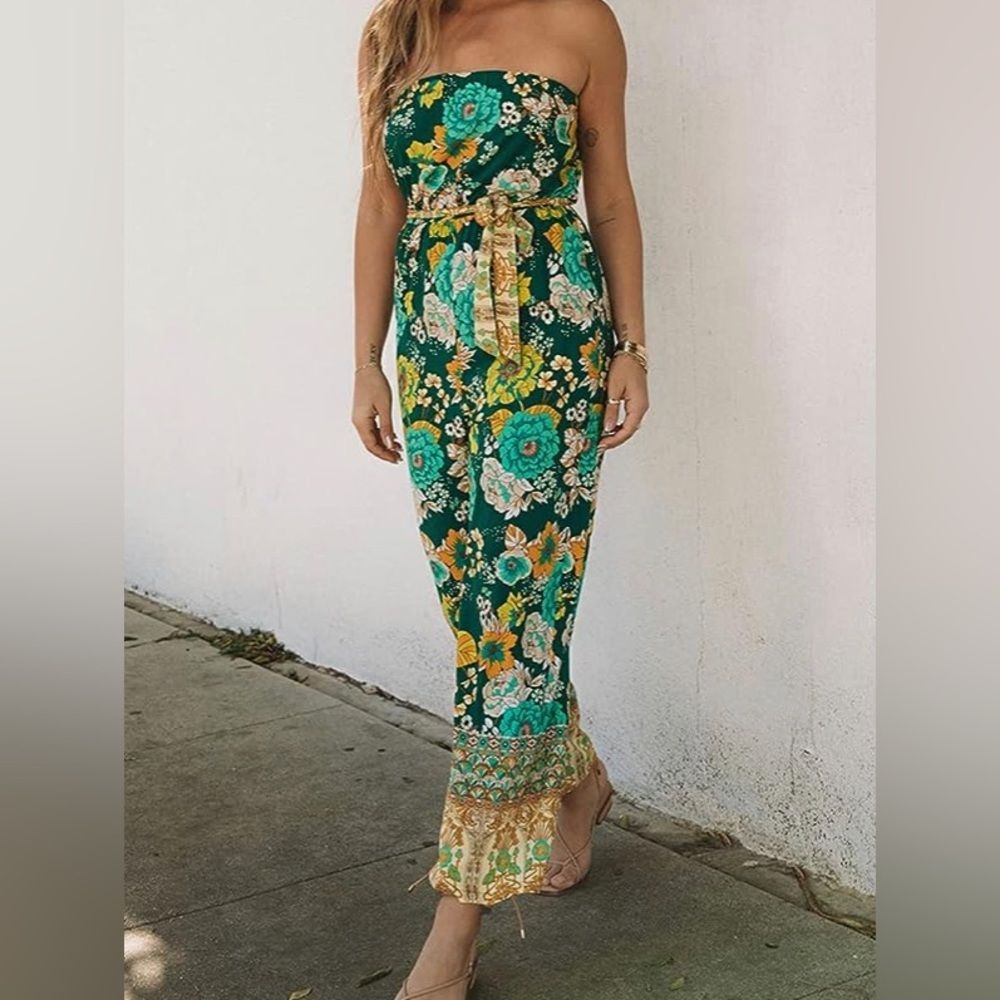 Strapless Green Floral Jumpsuit with Waist Tie